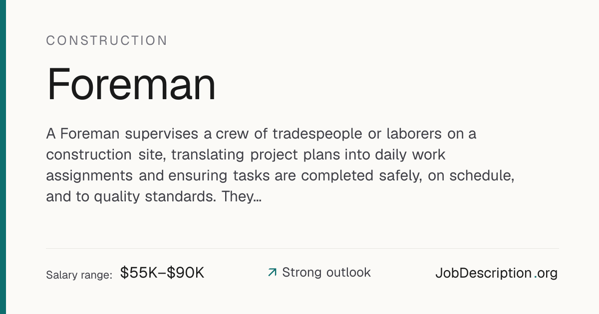 Foreman Job Description, Salary & Career Outlook | JobDescription.org
