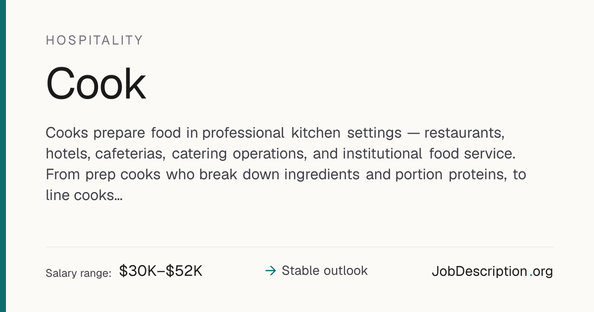 Cook Job Description, Salary & Career Outlook | JobDescription.org