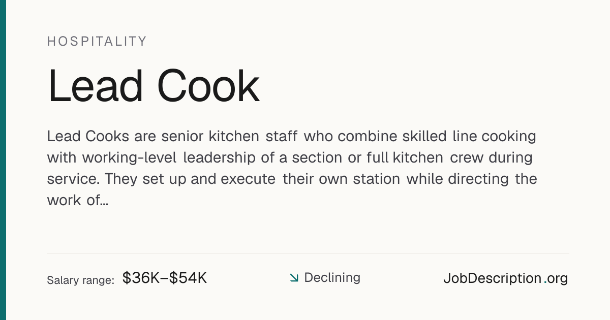 Lead Cook Job Description, Salary & Career Outlook | JobDescription.org