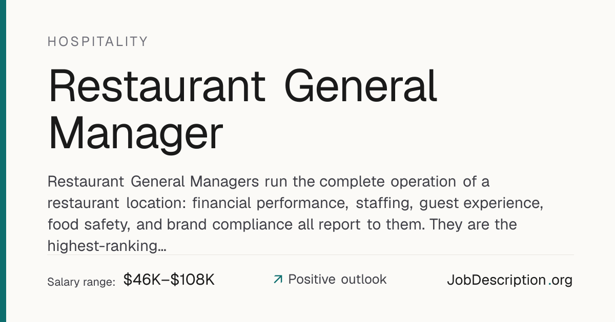 Restaurant General Manager Job Description, Salary & Career Outlook ...
