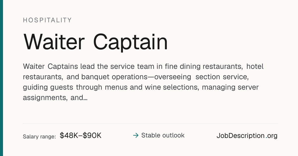 Waiter Captain Job Description, Salary & Career Outlook ...