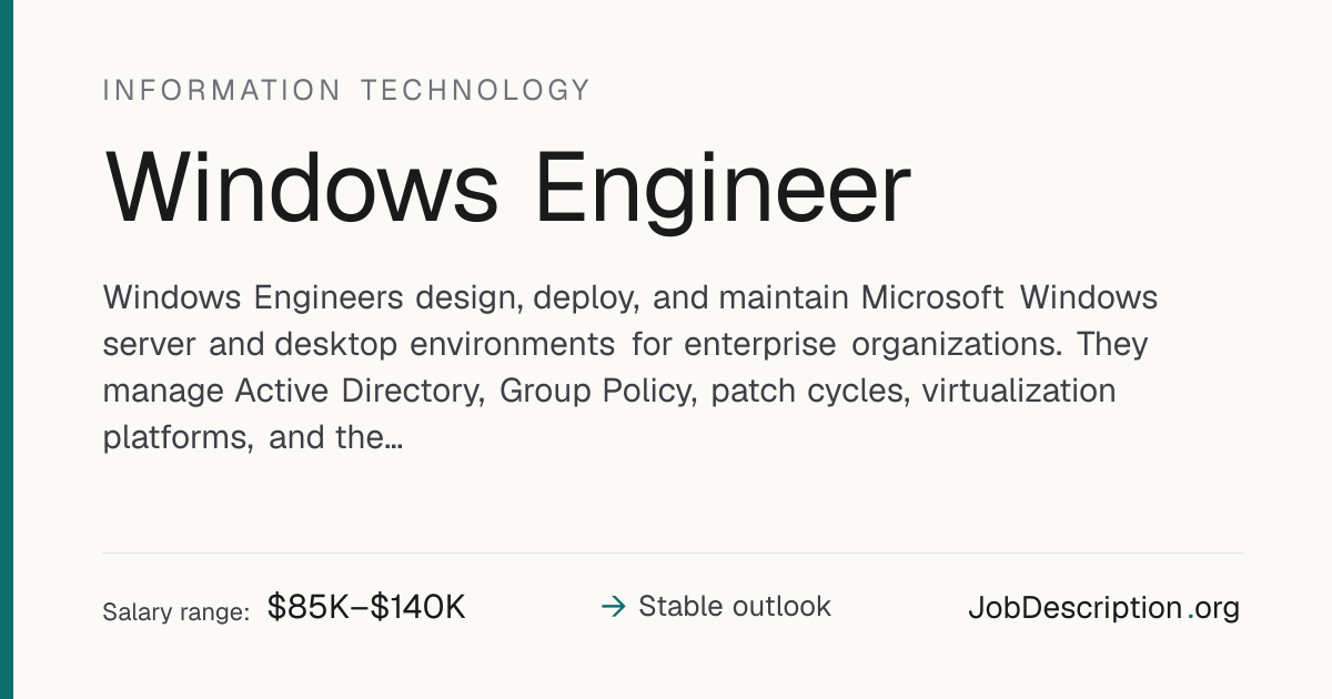 Windows Engineer Job Description, Salary & Career Outlook ...