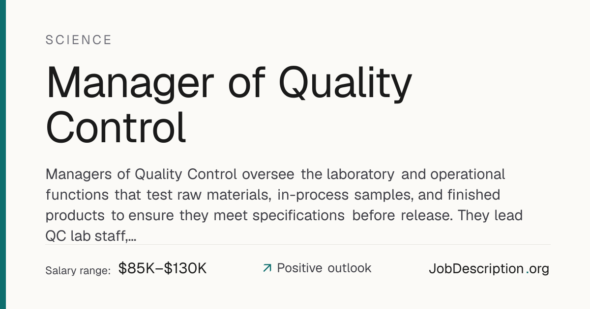 Manager of Quality Control Job Description, Salary & Career Outlook ...
