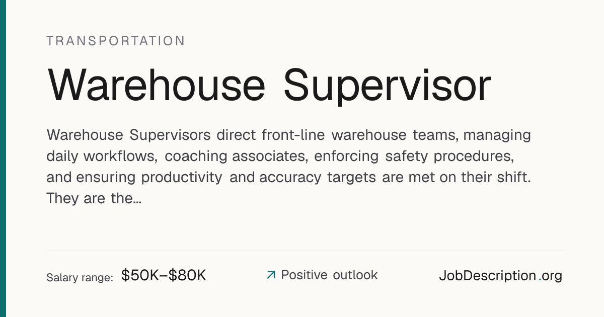 Warehouse Supervisor Job Description, Salary & Career Outlook ...